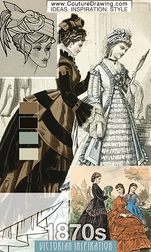 Victorian Fashion 1870s inspiration. Dress: Asymmetrical ruffles. Accessories: hats. Color palette: blue-grey tone, ligh