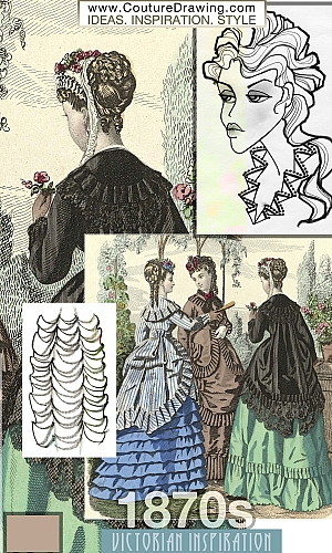 Victorian Fashion 1870s inspiration. Dresses with rushing and ruffles  